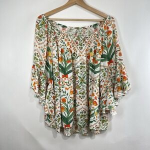 Cato Womens Floral Boho Peasant Ruffle Sleeve Flare Blouse Size XL  Smocked